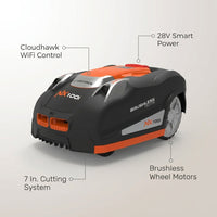 28-Volt 7 In. Robot Lawn Mower, Brushless Wheel Motors, Cloudhawk App and Wifi Control, 1/3 Acre — infographic