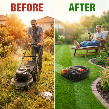 28-Volt 8 In. Cutting Width Robot Lawn Mower Revola X4E Mower, Brushless Wheel Motors, Cloudhawk App and Wifi Control — Before & After
