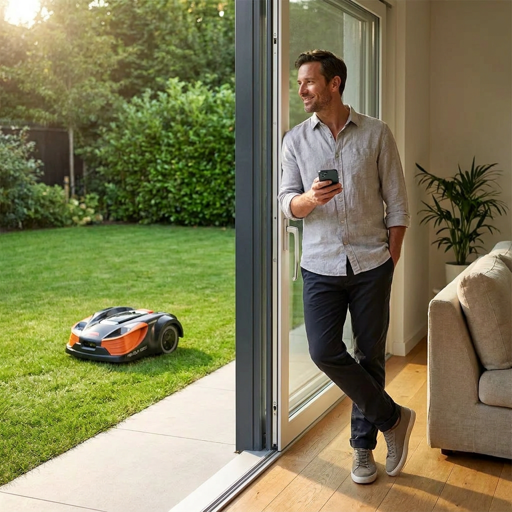 28-Volt 8 In. Cutting Width Robot Lawn Mower Revola X4E Mower, Brushless Wheel Motors, Cloudhawk App and Wifi Control — Lifestyle