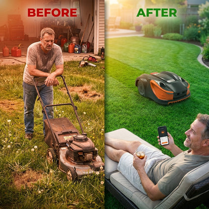 Robot Lawn Mower Engineered for Hands-Free Care, 28V Brushless Motors, WiFi Control, 0.5 Acre Coverage — Before & After