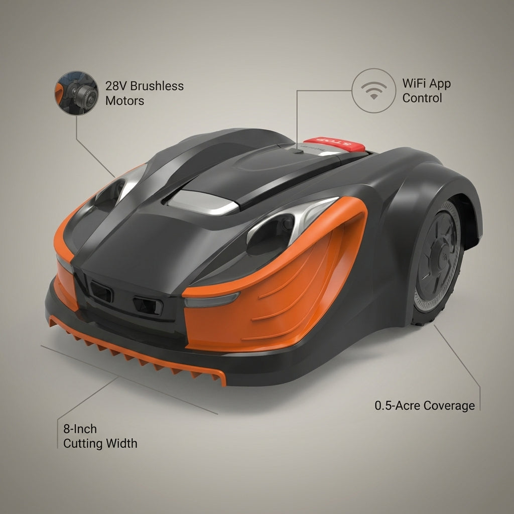 Robot Lawn Mower Engineered for Hands-Free Care, 28V Brushless Motors, WiFi Control, 0.5 Acre Coverage — infographic