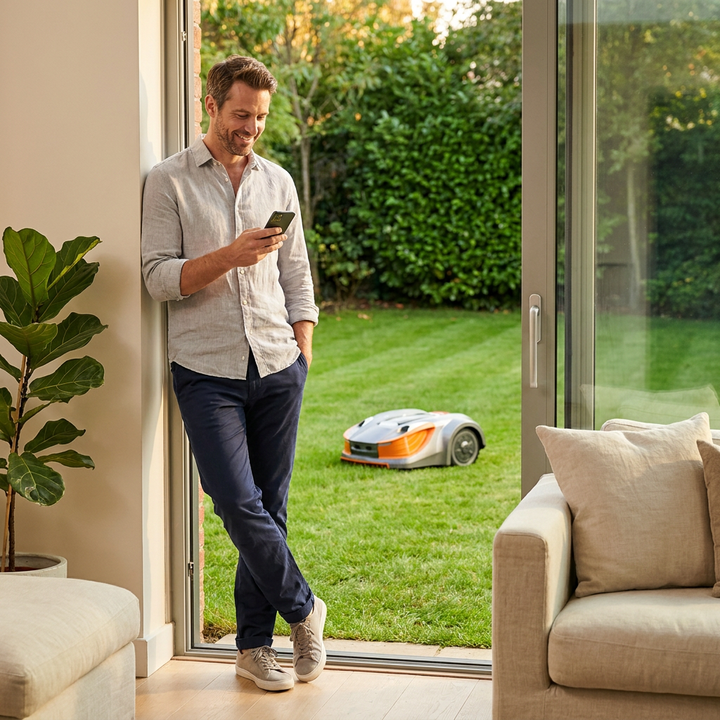 Robot Lawn Mower Engineered for Hands-Free Care, 28V Brushless Motors, WiFi Control, 0.5 Acre Coverage — Lifestyle